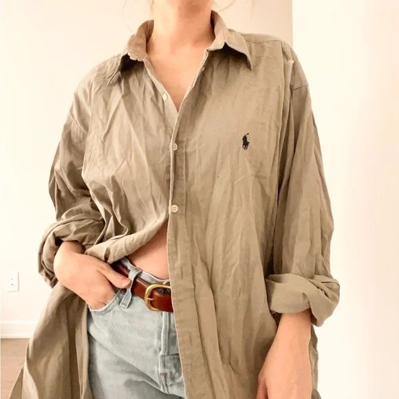 Vintage Ralph Lauren Tan Gray Button-Up Shirt - Picture 1 of 5